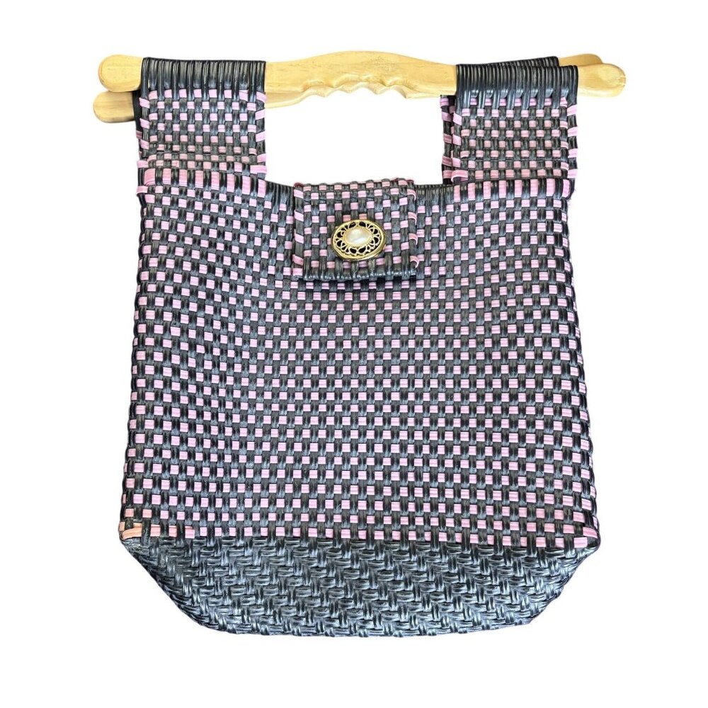 Handmade Woven Plastic Tote Bag Wooden Handles Magnetic Snap Closure Black Pink